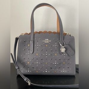 COACH Prairie Rivets Charlie 28 Carryall Crossbody Blue Leather w/Tea Rose Studs